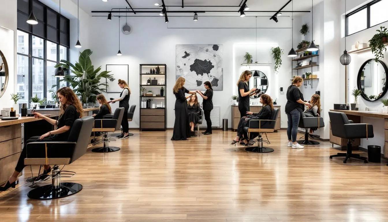 En la imagen se muestra el interior moderno de un salón donde varios estilistas trabajan de manera eficiente con sus clientes, ofreciendo servicios personalizados. El ambiente refleja una atmósfera de colaboración y profesionalismo, destacando la importancia de la mano de obra en la retención de clientes y el rendimiento del negocio.