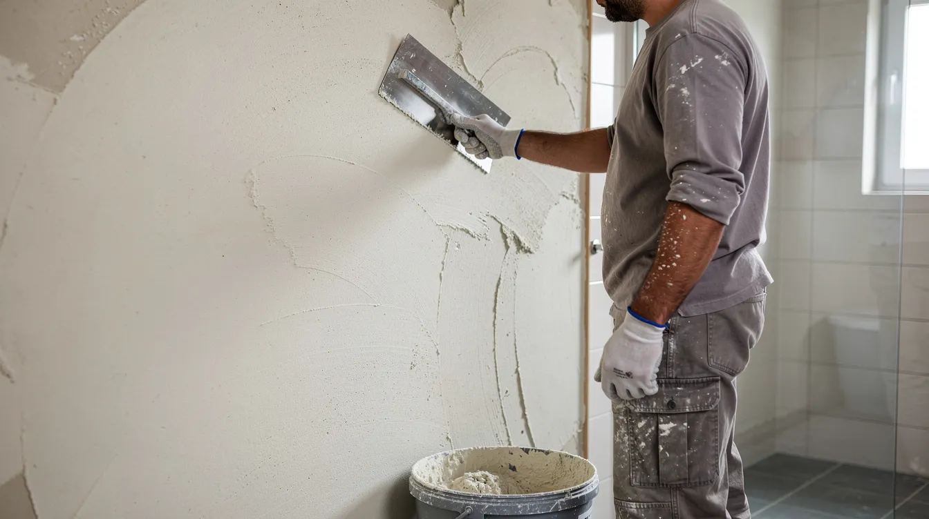 A craftsperson is applying a smooth layer of lime plaster to a bathroom wall using a plastic trowel, with a bucket of the mixture nearby. This natural material is designed to create a waterproof surface that enhances the aesthetic appeal of wet areas, ensuring durability and protection against water damage.