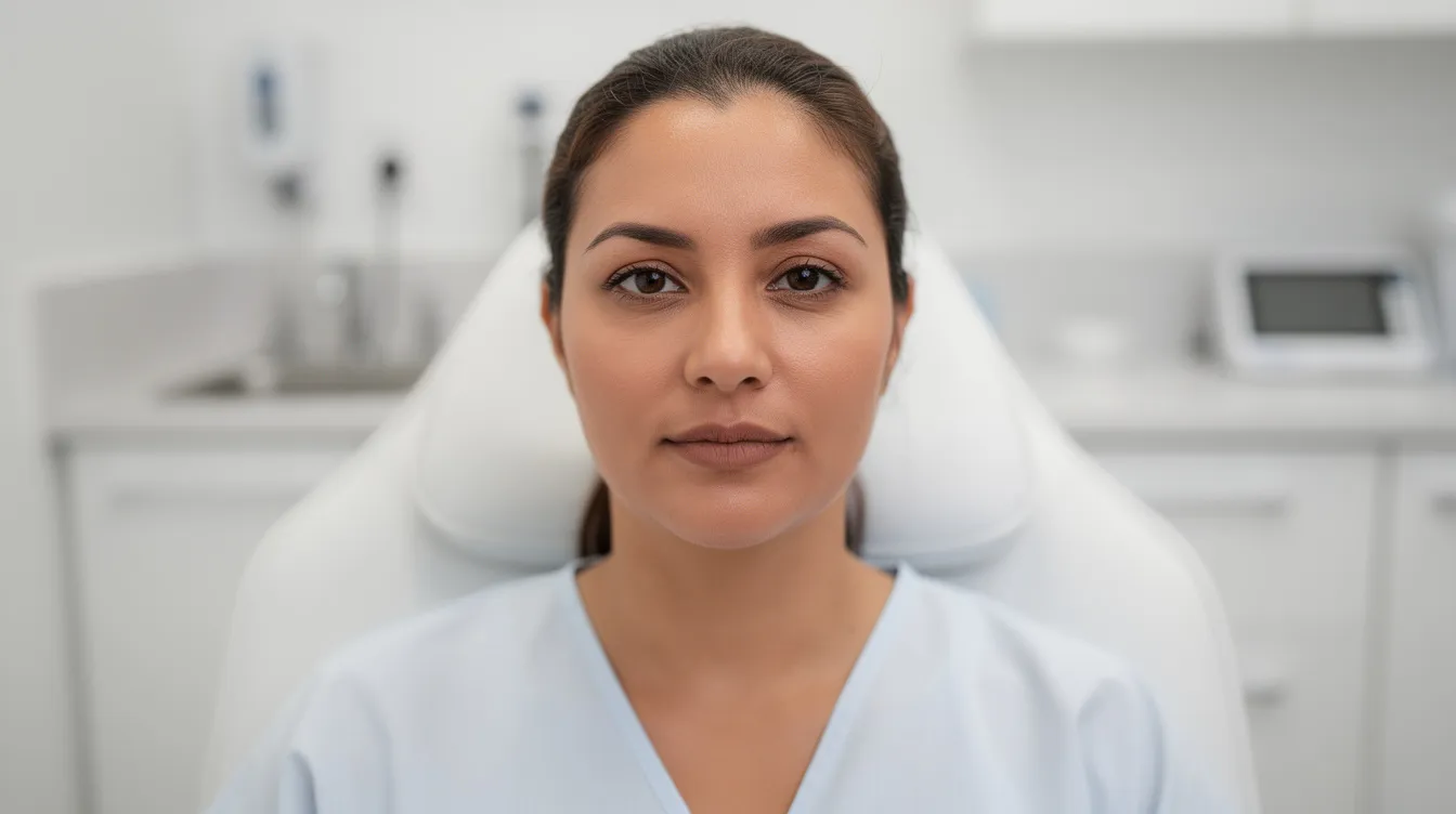 The image shows a patient seated in a clinical setting with neutral lighting, displaying a relaxed facial expression before undergoing eyelid surgery. This moment captures the calm demeanor of someone preparing for upper blepharoplasty, highlighting the importance of a smooth recovery process.