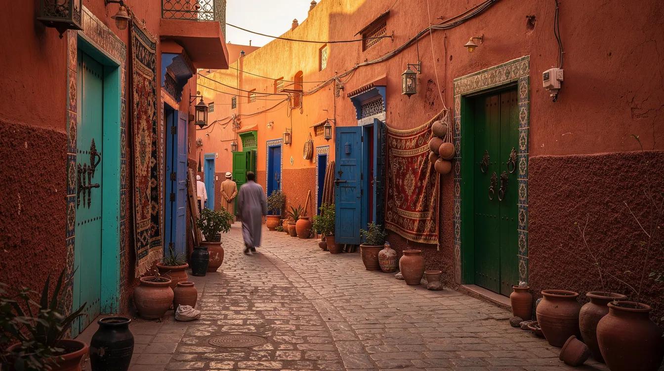 The image depicts a vibrant alleyway in a Moroccan medina, featuring colorful doorways and warm terracotta walls that reflect the rich culture of Morocco. This picturesque scene invites tourists, including South African passport holders, to explore the unique charm of Moroccan streets, while also reminding them of the visa requirements for entering Morocco.