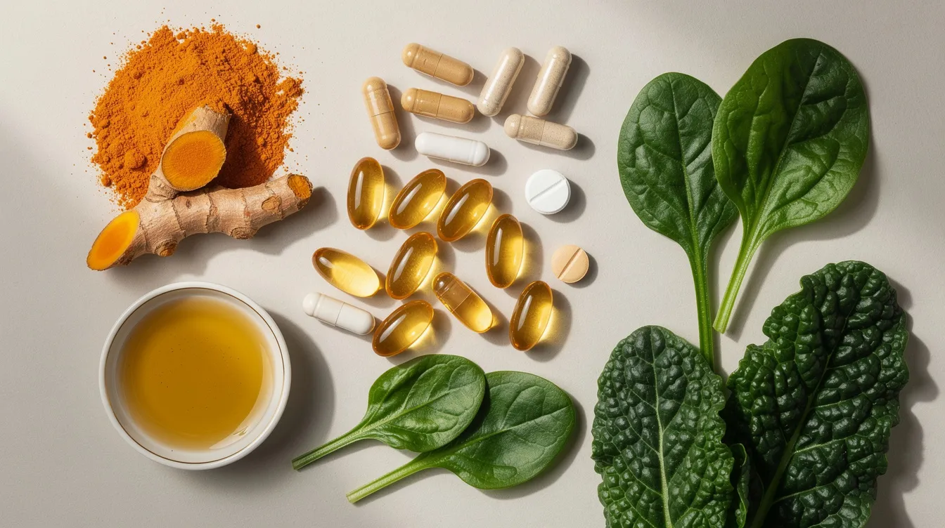 The image features an array of colorful supplement capsules placed next to natural ingredients such as turmeric, fish oil, and green leafy vegetables, highlighting the importance of longevity supplements for older adults. This composition emphasizes the connection between these supplements and maintaining skin firmness, boosting collagen production, and supporting overall health as one ages.