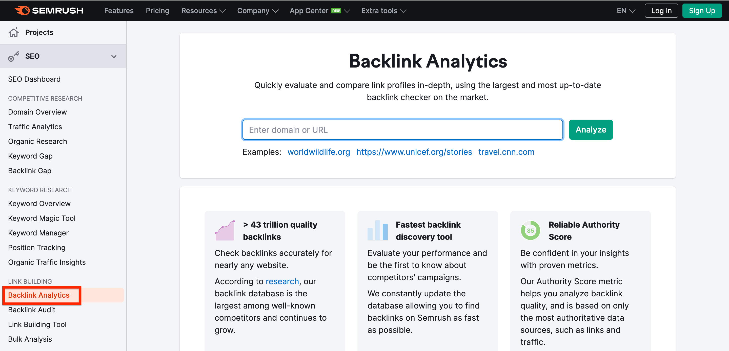 Semrush Backlink analysis