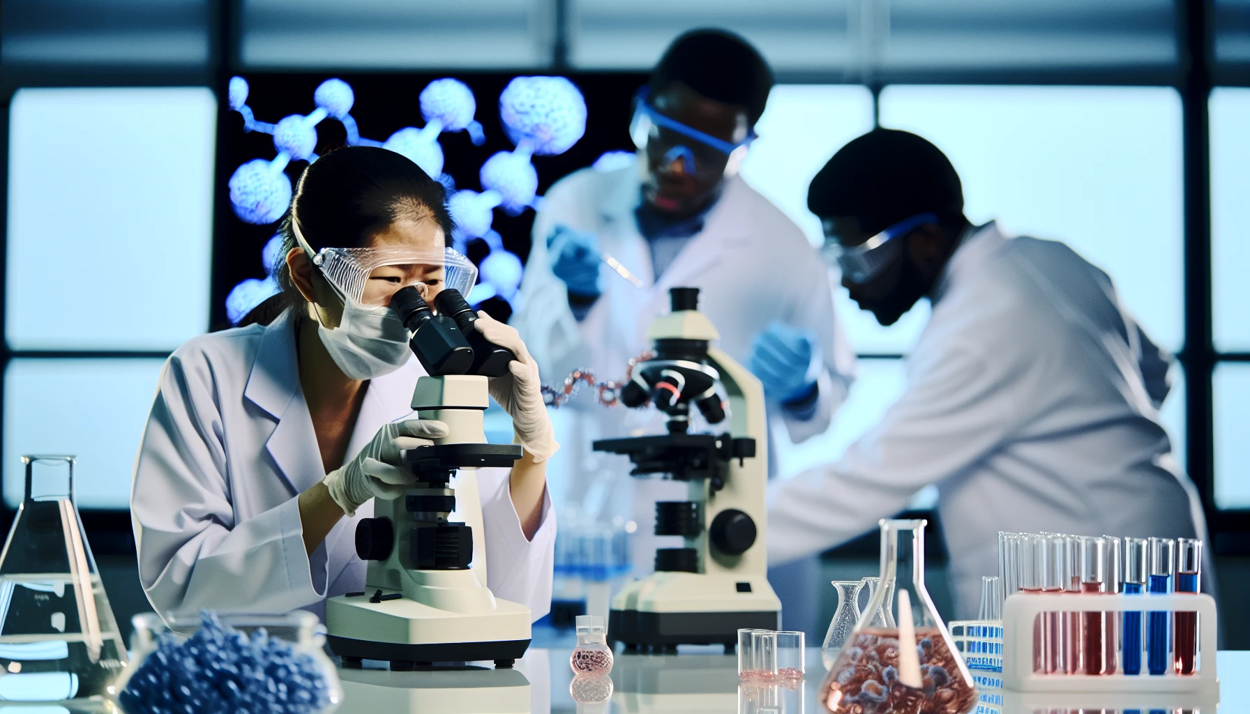 A photo of a laboratory setting with researchers conducting experiments