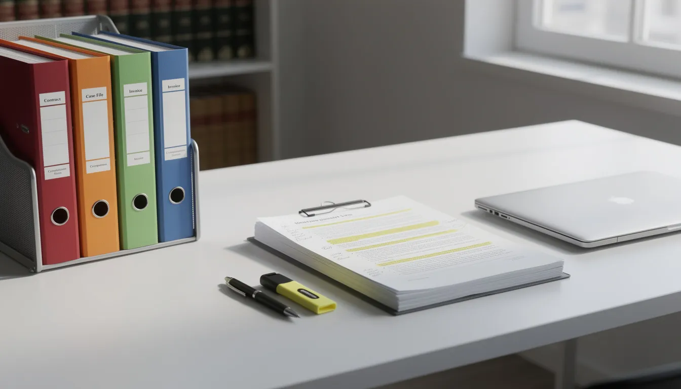 The image depicts an organized desk featuring neatly arranged file folders and legal documents, possibly related to spousal support or maintenance cases. This clean workspace suggests a focus on family law matters, including the relevant factors for determining spousal support in Texas.