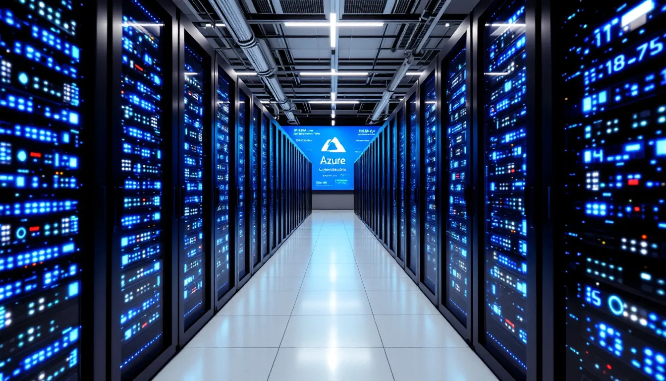 The image depicts a modern data center filled with rows of servers, symbolizing Azure's infrastructure, with visual representations of cloud connectivity and data integration capabilities, emphasizing seamless integration of various data sources for efficient data management and analytics.