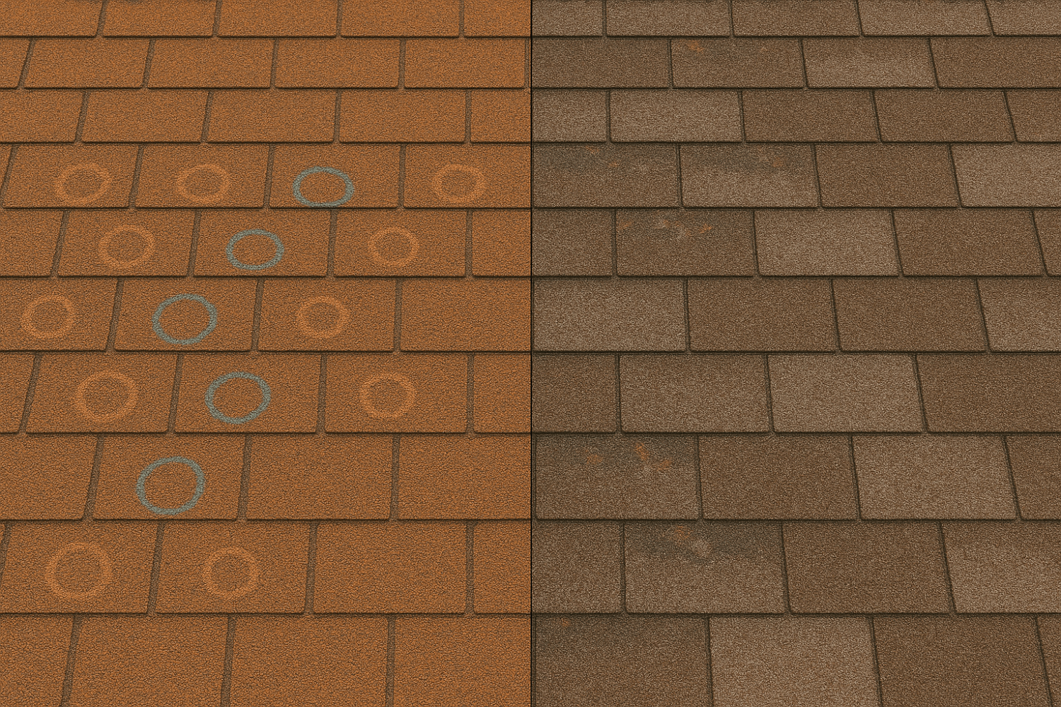 Side by side comparison showing hail damage versus age-related wear on asphalt roof shingles