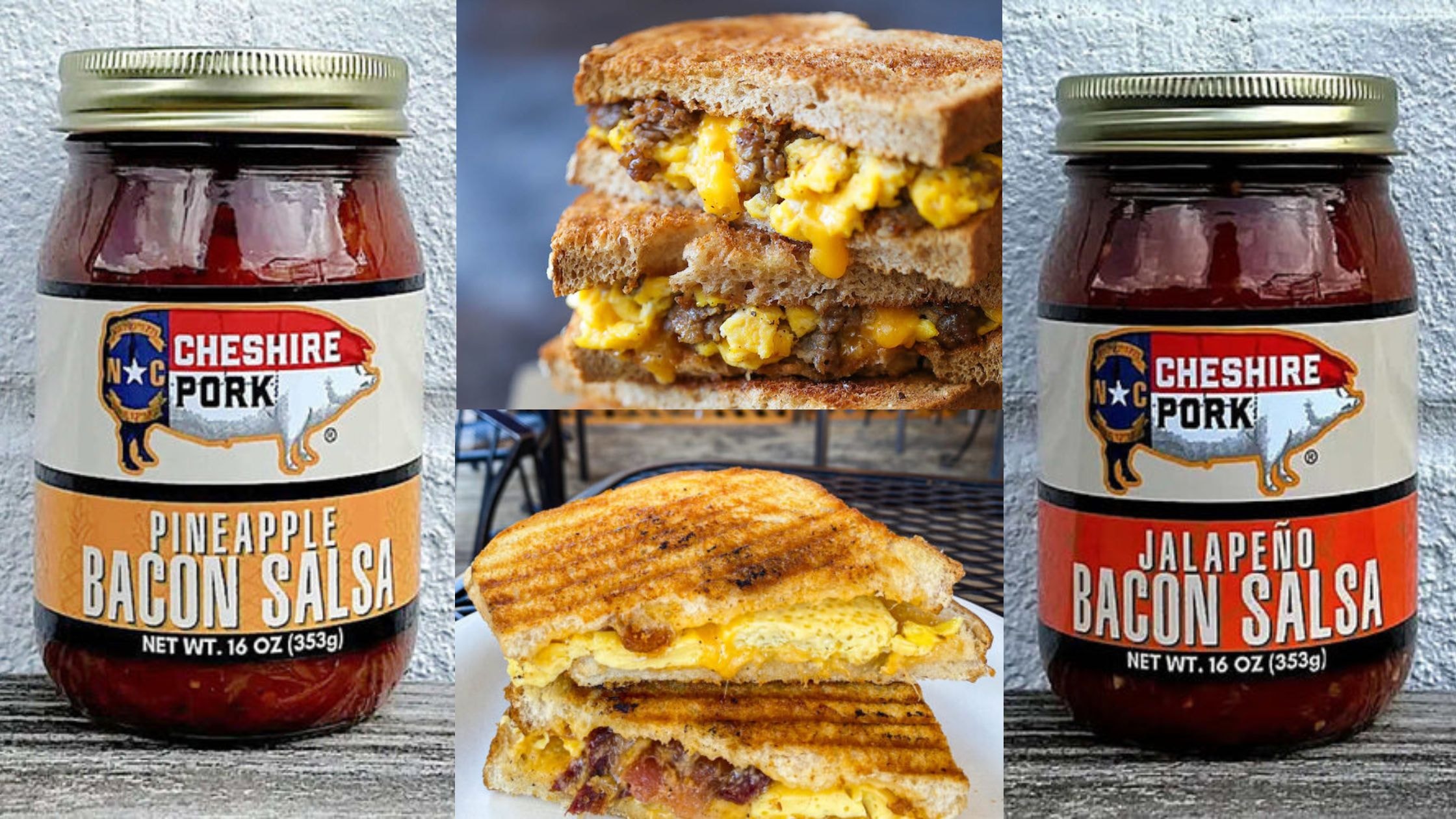 Grilled Breakfast Sandwiches with Cheshire Pork Pineapple Bacon Salsa and Cheshire Pork Jalapeno Bacon Salsa from DDR BBQ Supply