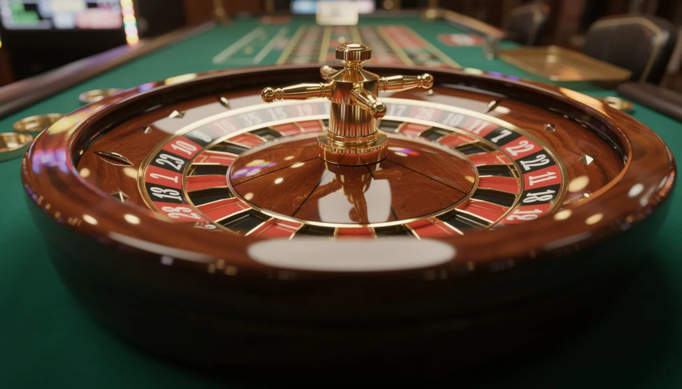 En elegant närbild av ett rouletthjul placerat på en grön bordsduk, vilket skapar en lyxig atmosfär typisk för live casino-upplevelser. Det är en perfekt representation av spänningen hos gogo casino, där nya spelare kan njuta av en mängd olika spel.