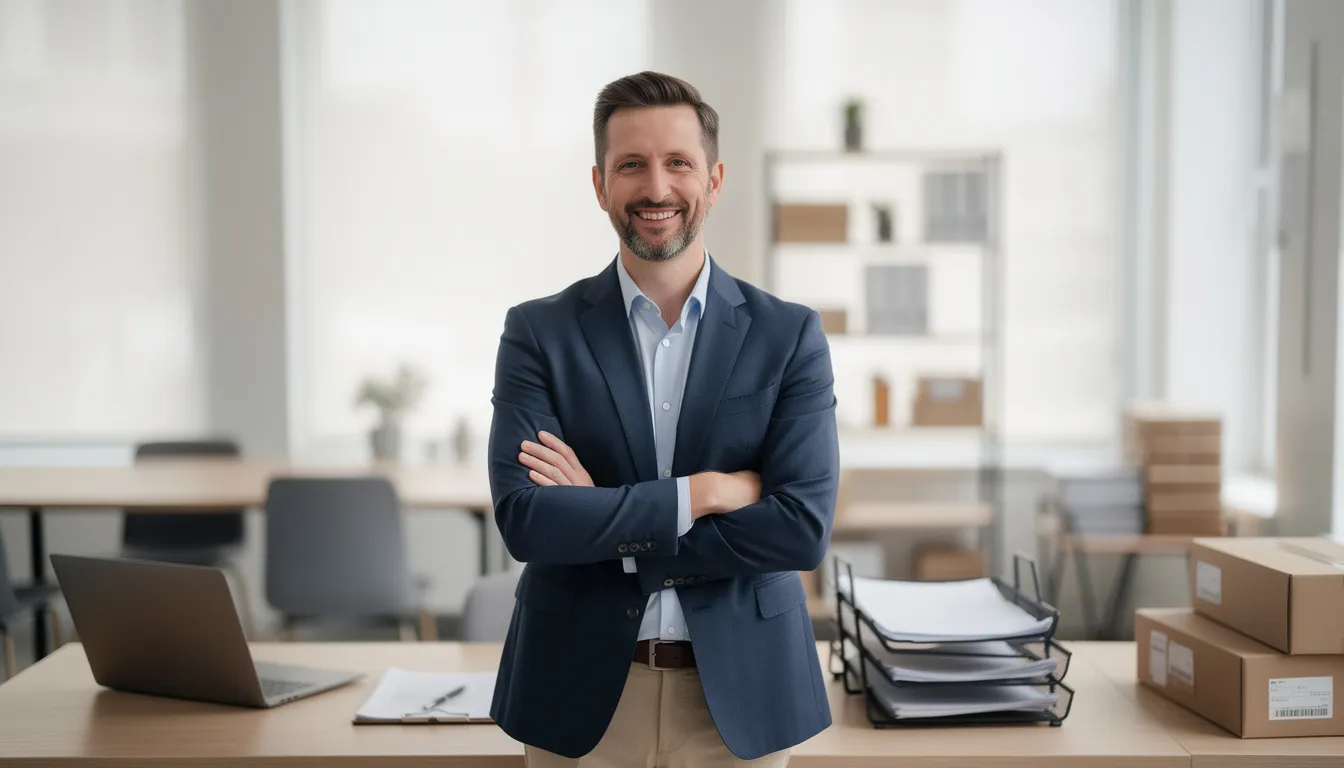 A small business owner stands confidently in a professional office at the forefront of business development, looking directly into the camera with a smile, celebrating the recent approval of funding that will help fuel their business growth and create new jobs. The image conveys a sense of success and determination, reflecting the owner's commitment to expanding their operations and enhancing cash flow through flexible funding options.