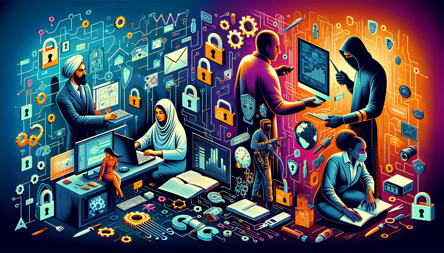 An illustration of various cybersecurity job roles and responsibilities.