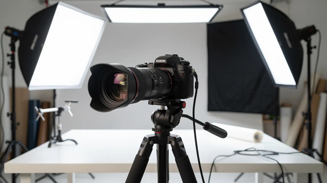 The image shows a close-up view of a professional product photography setup, featuring a camera and various lighting equipment designed to capture high-quality images for ecommerce product pages. This setup is essential for optimizing product descriptions and enhancing search engine visibility through effective SEO strategies.