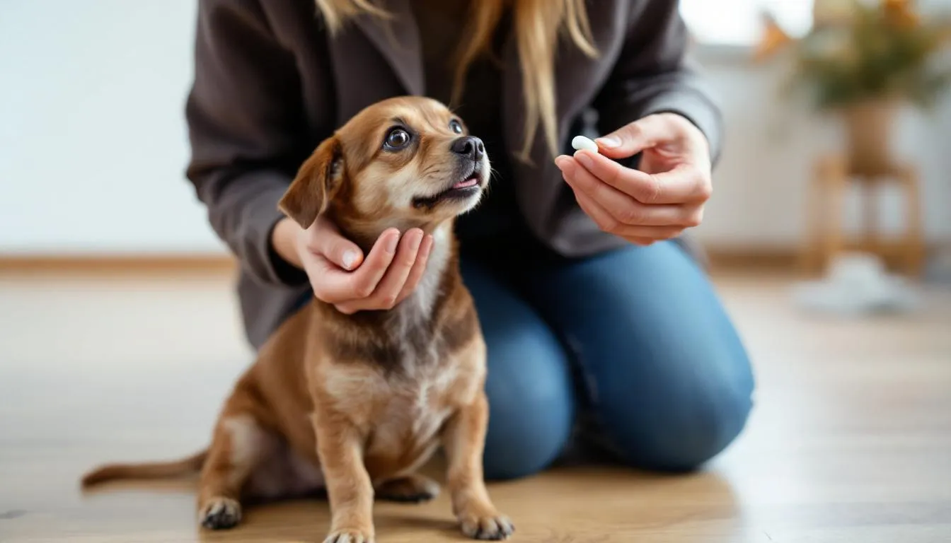 A caring owner is gently administering medication to a dog, likely Cerenia for dogs, to help treat nausea and prevent motion sickness. The scene highlights the bond between the pet and owner, emphasizing the importance of following a veterinarian