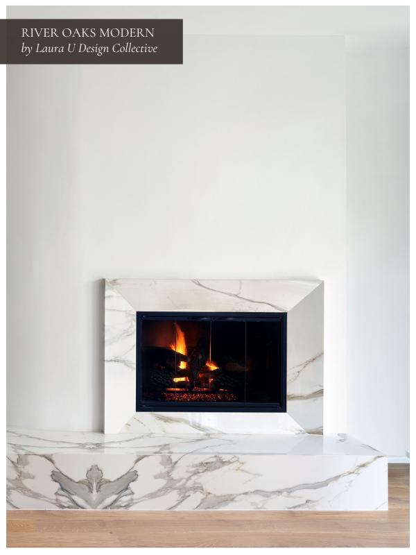 a white on white stone fireplace design at River Oaks Modern