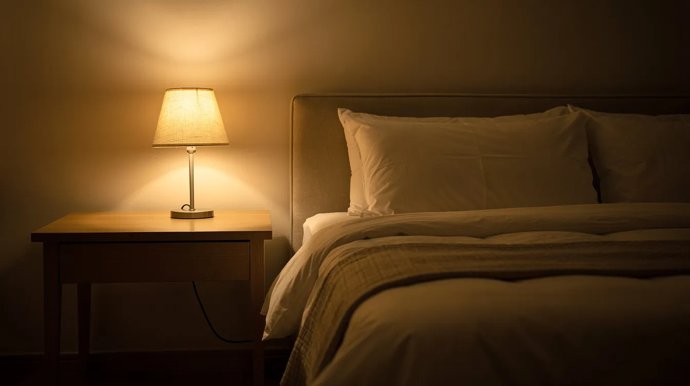 Nachtkastje met een kleine tafellamp die sfeer geeft naast een opgemaakt bed