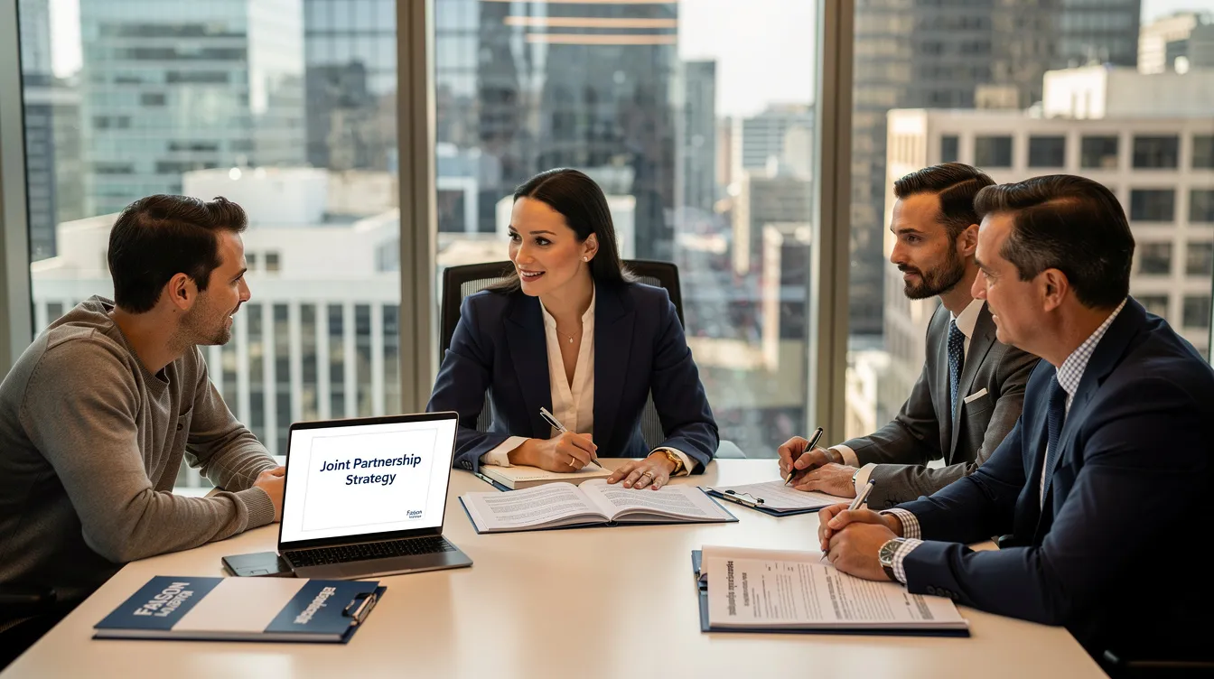 The image depicts the Faison Law Group team of attorneys assisting a startup client in navigating and negotiating a joint venture agreement with a major company. They are engaged in discussions that highlight their extensive experience in forming strategic alliances and ensuring the client's interests are protected throughout the complex negotiation process.