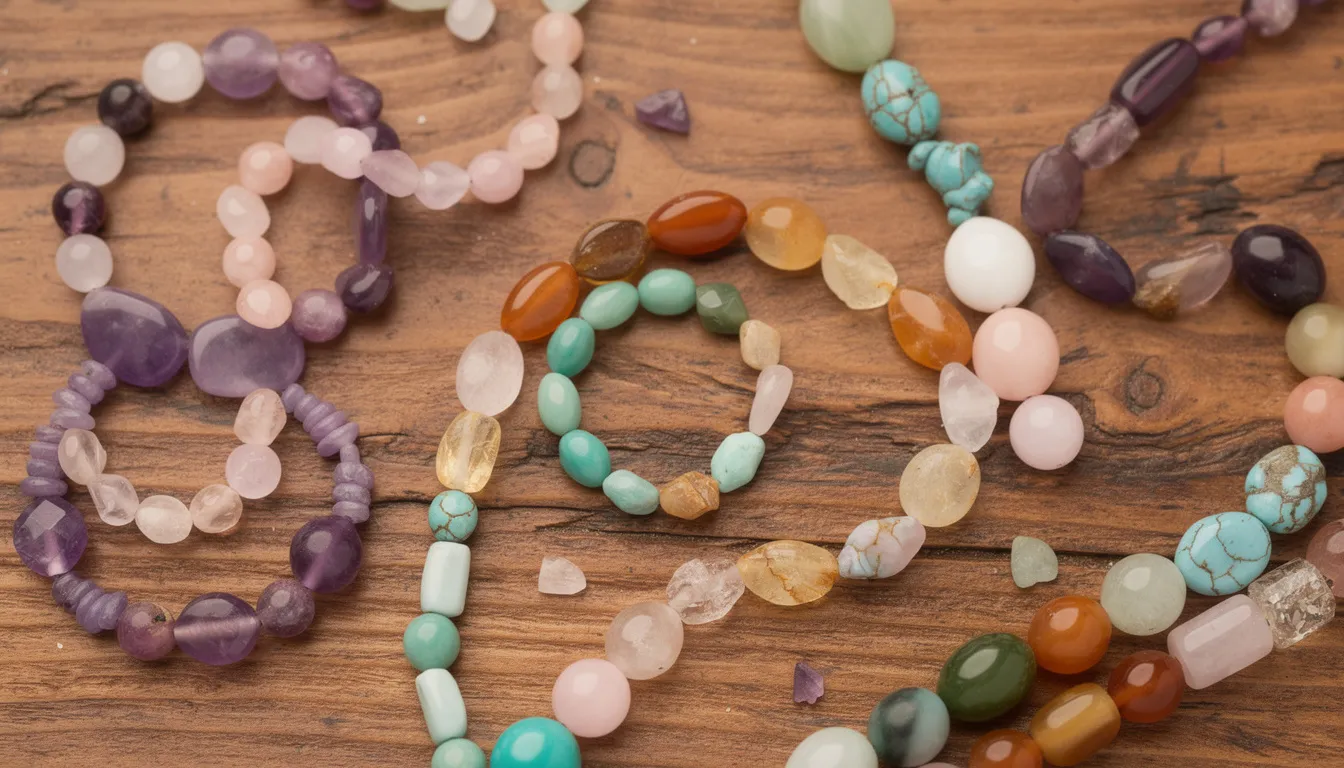 A vibrant collection of semi precious gemstone beads in various shapes, including rose quartz, tiger eye, and amethyst, is spread across a wooden surface, showcasing their rich colors and textures. This assortment is perfect for jewellery makers looking to create unique necklaces, bracelets, and earrings.