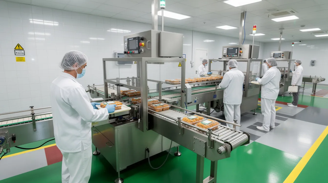 ec53b407 5e6d 4f12 abca 6463f697df3a The image shows workers in white uniforms and hairnets diligently operating food processing equipment in a clean factory setting, emphasizing hygiene and safety. This environment is crucial for producing ready-to-eat products like instant poha mix, ensuring quality for busy mornings and home-cooked meals.