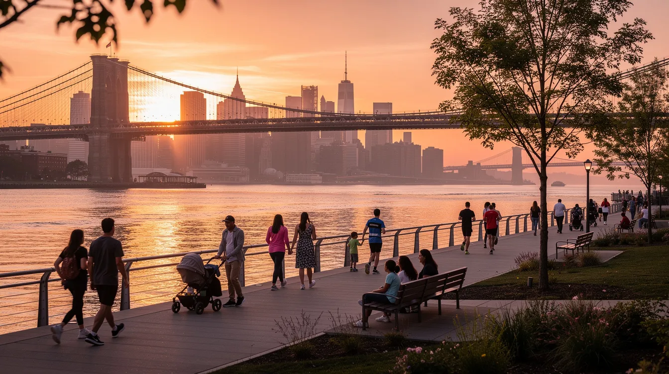 The image captures Brooklyn Bridge Park at sunset, with a vibrant sky casting warm hues over the waterfront as people stroll along the path, enjoying the scenic view. This picturesque setting in NYC is perfect for those exploring the dating scene or seeking meaningful connections in the big city.