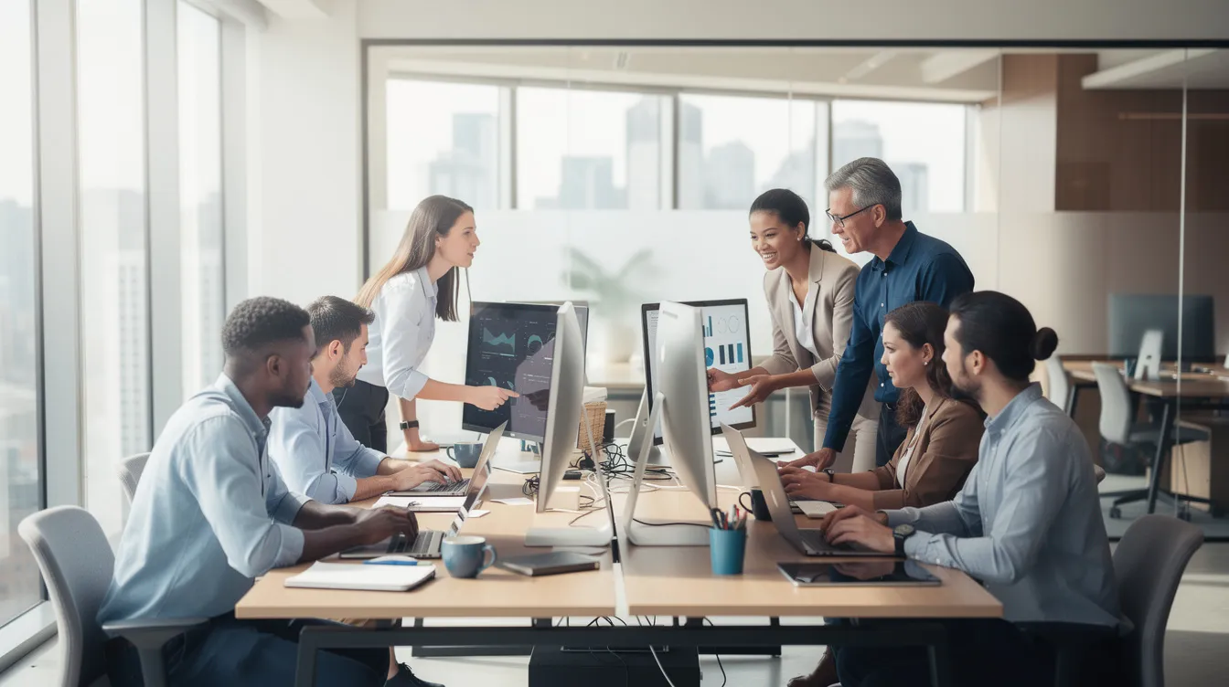 Ein Team von Fachleuten arbeitet in einem modernen Büro an Bildschirmen und nutzt verschiedene KI-Tools, um Projekte effizient zu managen.