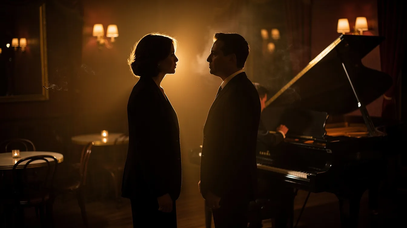 Zwei Silhouetten stehen sich in einem warm beleuchteten Raum gegenüber, umgeben von der Atmosphäre eines Jazzclubs, im Hintergrund ist ein Klavier zu sehen. Diese Szene erinnert an die romantischen und musikalischen Momente aus dem Film "La La Land", in dem Liebe und Träume im Mittelpunkt stehen.