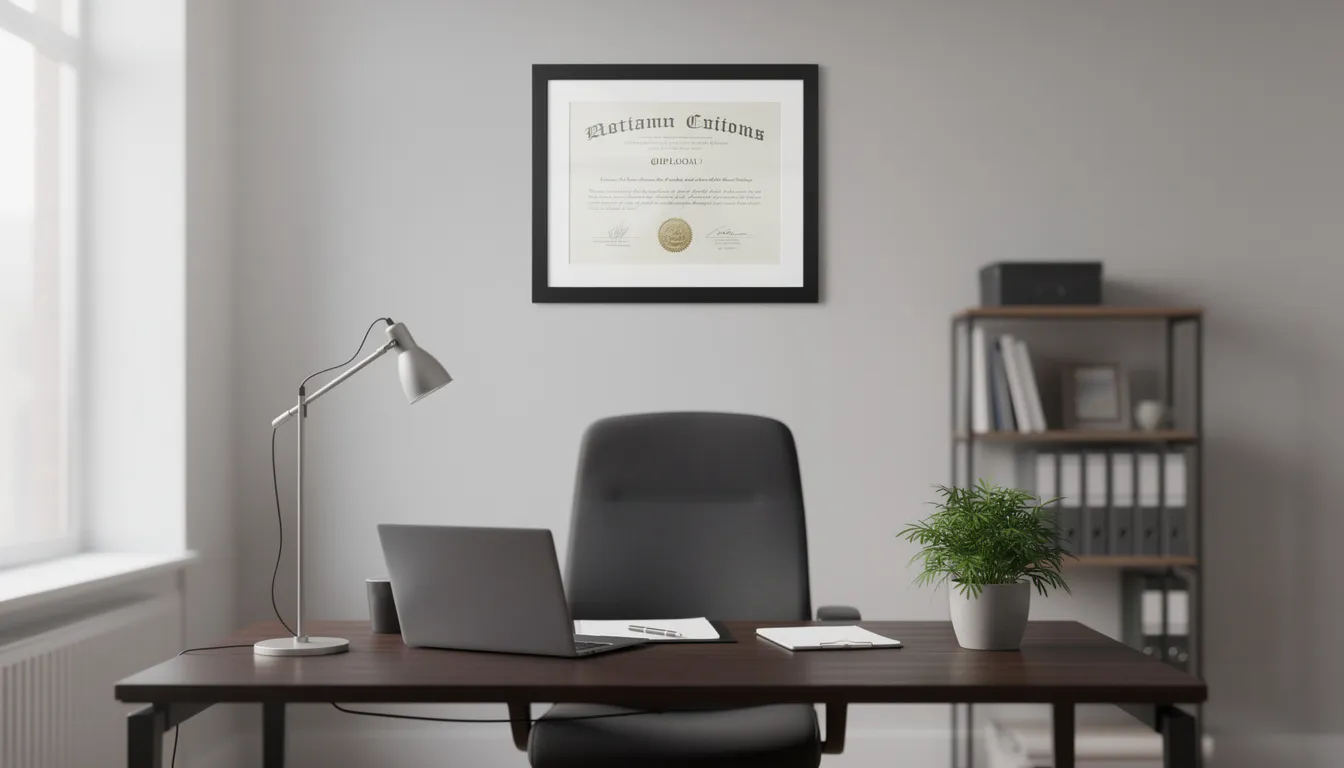 Imagen de un entorno de oficina profesional, donde se puede ver un escritorio ordenado con un diploma enmarcado en la pared detrás. Este diploma simboliza la titulación obtenida a través de instituciones educativas, destacando la importancia de los títulos universitarios en el ámbito laboral.