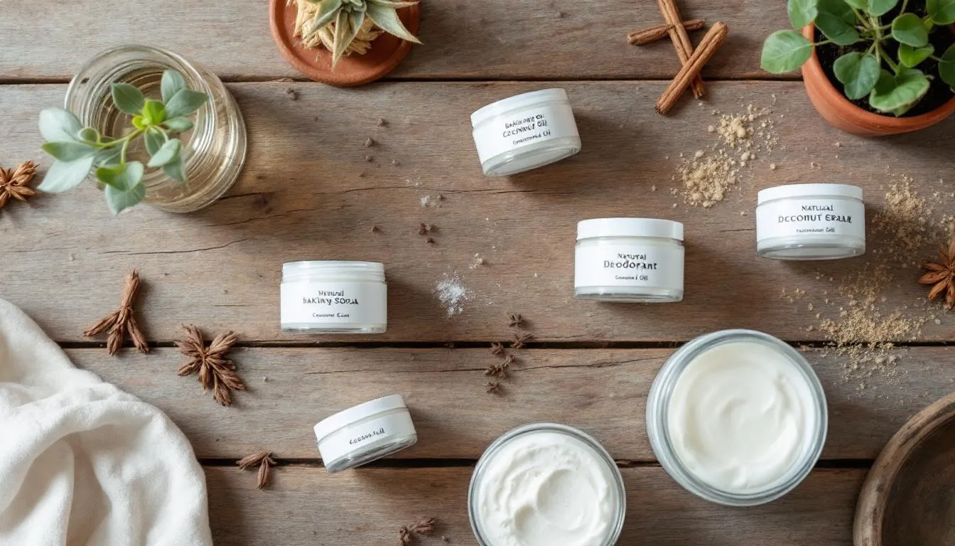 The image features a selection of best natural deodorant creamers designed for outdoor use, showcasing various aluminum-free formulas that effectively control body odor. These skin-safe products are ideal for sensitive skin and come in convenient containers, emphasizing their cruelty-free and gentle nature for whole body application.