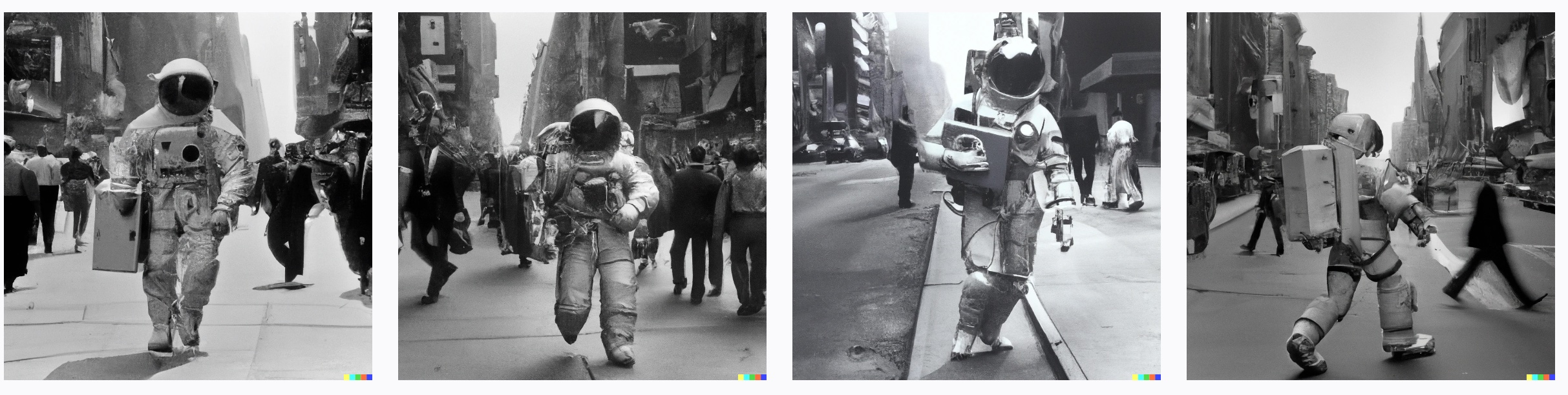 4 images of astronaut in spacesuit carrying briefcase walking on busy New York street in 1950's. retro, photorealistic, Robert Doisneau
