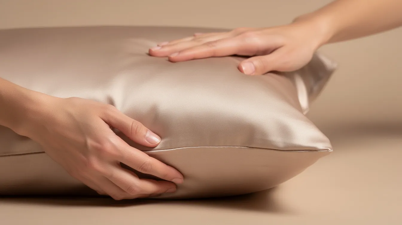 A close-up view of hands gently cradling a folded silk pillowcase in a warm neutral tone, showcasing the smooth surface and delicate fabric that provide numerous benefits for skin and hair. This high-quality mulberry silk pillowcase is designed to wick moisture and enhance sleep quality, making it a luxurious addition to any sleep environment.