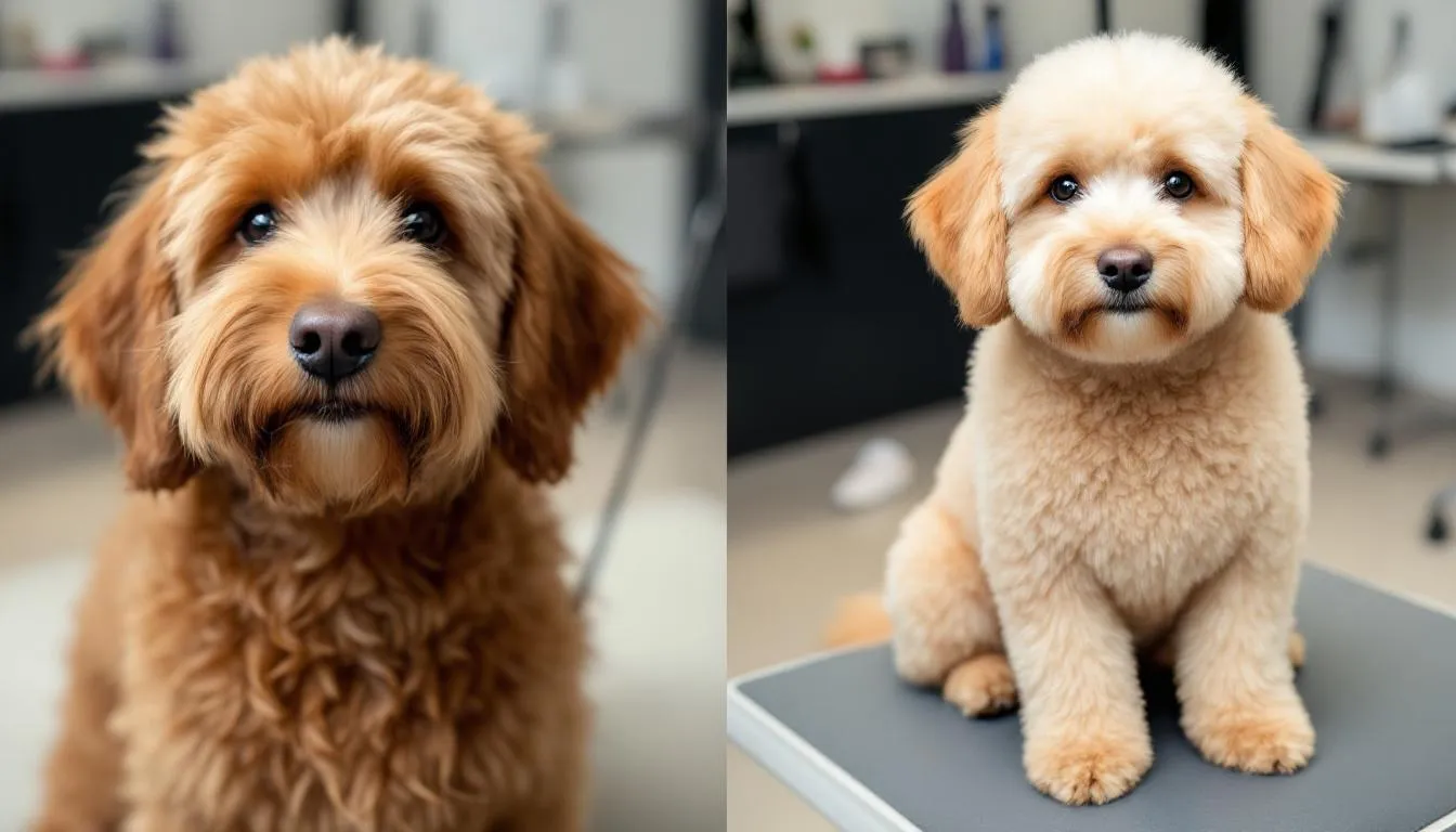 The image shows a goldendoodle puppy before and after receiving a classic teddy bear cut, highlighting the transformation of its curly coat into a neat and fluffy style. The before photo displays the puppy with a longer, wavier coat, while the after photo showcases its adorable, well-groomed appearance, perfect for a family pet.
