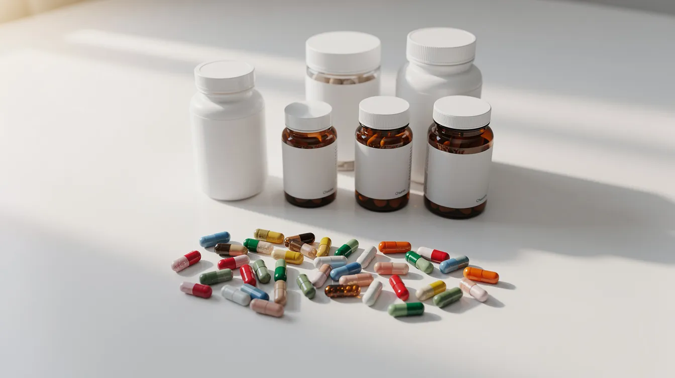 The image features an assortment of supplement capsules and bottles neatly arranged on a clean white surface, illuminated by soft morning light. This collection may include items related to Rhonda Patrick&rsquo;s supplement stack, such as vitamin D, fish oil, and alpha lipoic acid, all of which are known for their potential health benefits and support for cardiovascular disease and cognitive function.