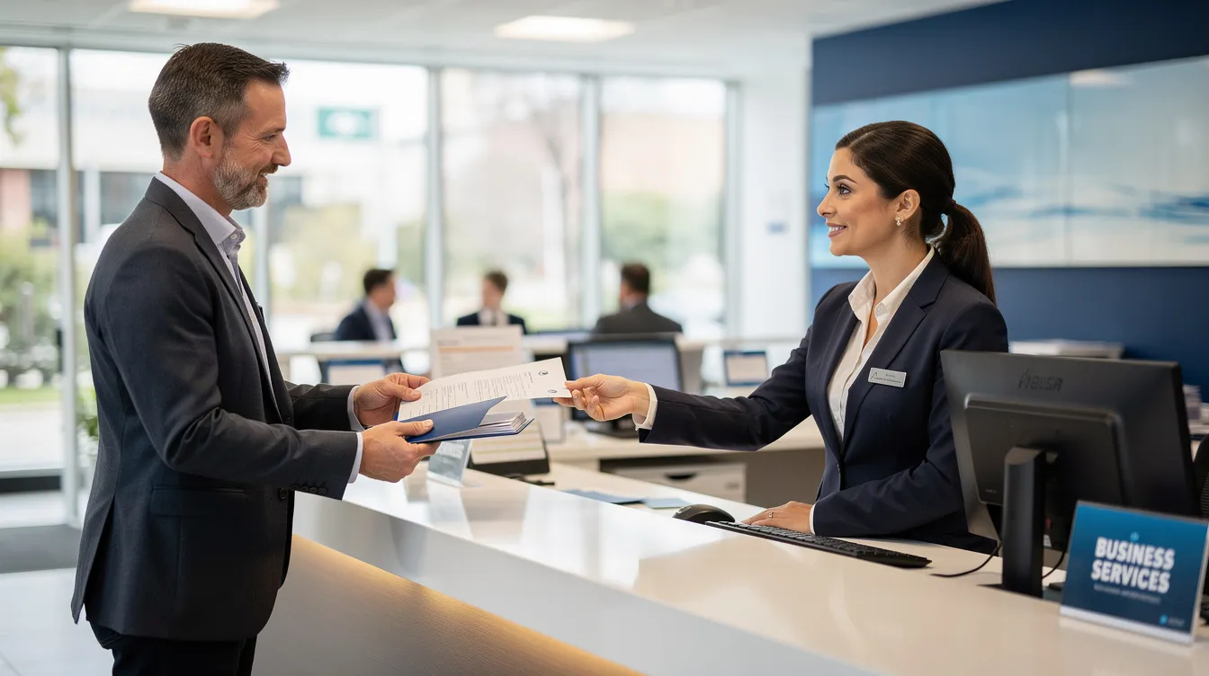 ec58bc15 ca28 4b04 bbbc 789621861d6d A small business owner is handing over important documents to a bank officer at a counter, likely as part of the loan application process under the Pradhan Mantri Mudra Yojana. This interaction signifies the owner's effort to secure financial assistance for their micro enterprise, reflecting a satisfactory credit track record and eligibility for business loans.