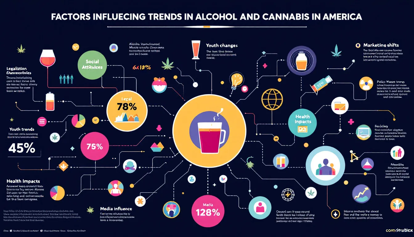 A diagram showcasing factors driving the trends in alcohol and cannabis consumption in America.
