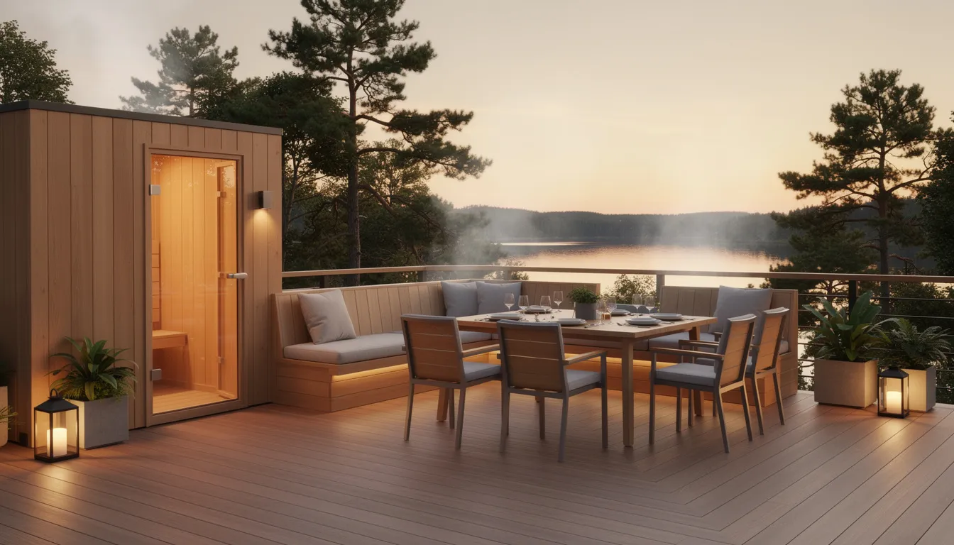 The image shows a beautifully designed family sauna deck setup featuring an outdoor sauna with integrated seating and a cozy outdoor dining area. This stylish space promotes relaxation and wellness, perfect for enjoying sauna sessions and fresh air in a private sauna retreat.