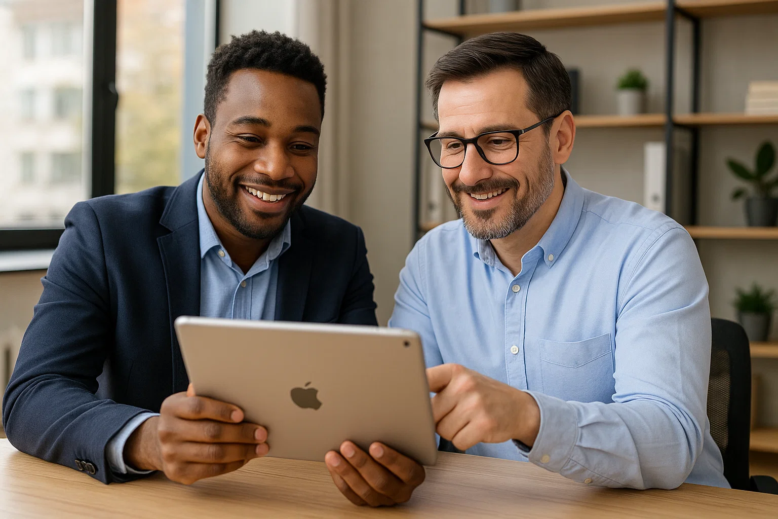 A friendly marketing consultant sitting with a business owner looking at an apple ipad