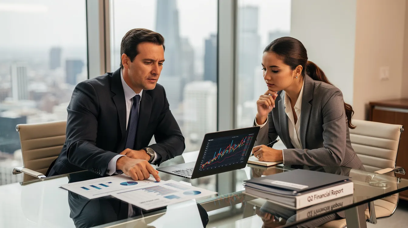 A professional advisor is seated at a desk, reviewing financial reports with a business client who appears engaged in the discussion. The documents include details about loan eligibility and credit scores, which are crucial for assessing options such as the mudra loan for small businesses.