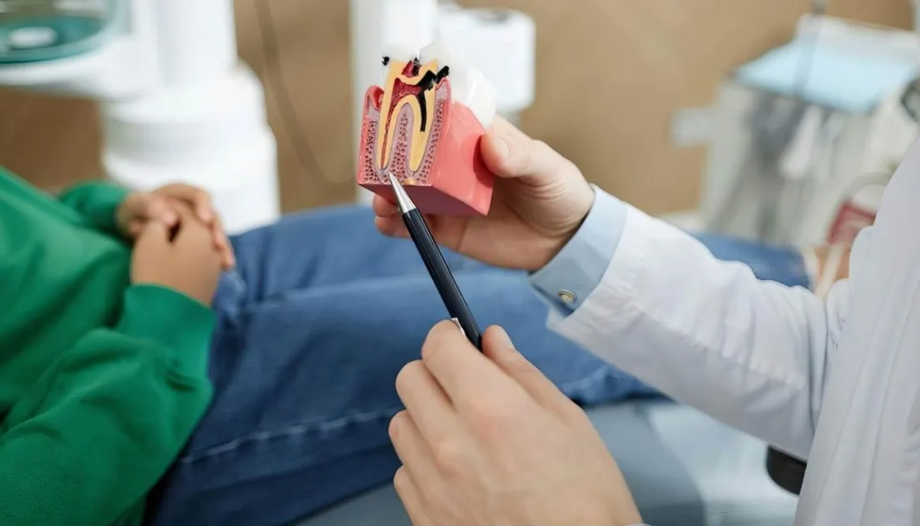 Rotfylling Pris: Hva Betaler Du Egentlig For? (Og Er Det Verdt Det?) 13 Tannlege peker på en tannmodell med tannråte for å forklare behandling til pasient i stolen.