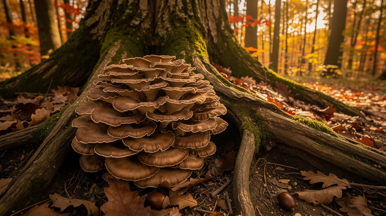 A cluster of wild maitake mushrooms, known for their potential health benefits, grows at the base of a large oak tree in an autumn forest, showcasing their layered, dancing appearance. These edible mushrooms, grifola frondosa, are celebrated for their medicinal properties and are often researched for their antioxidant compounds and effects on the immune system.