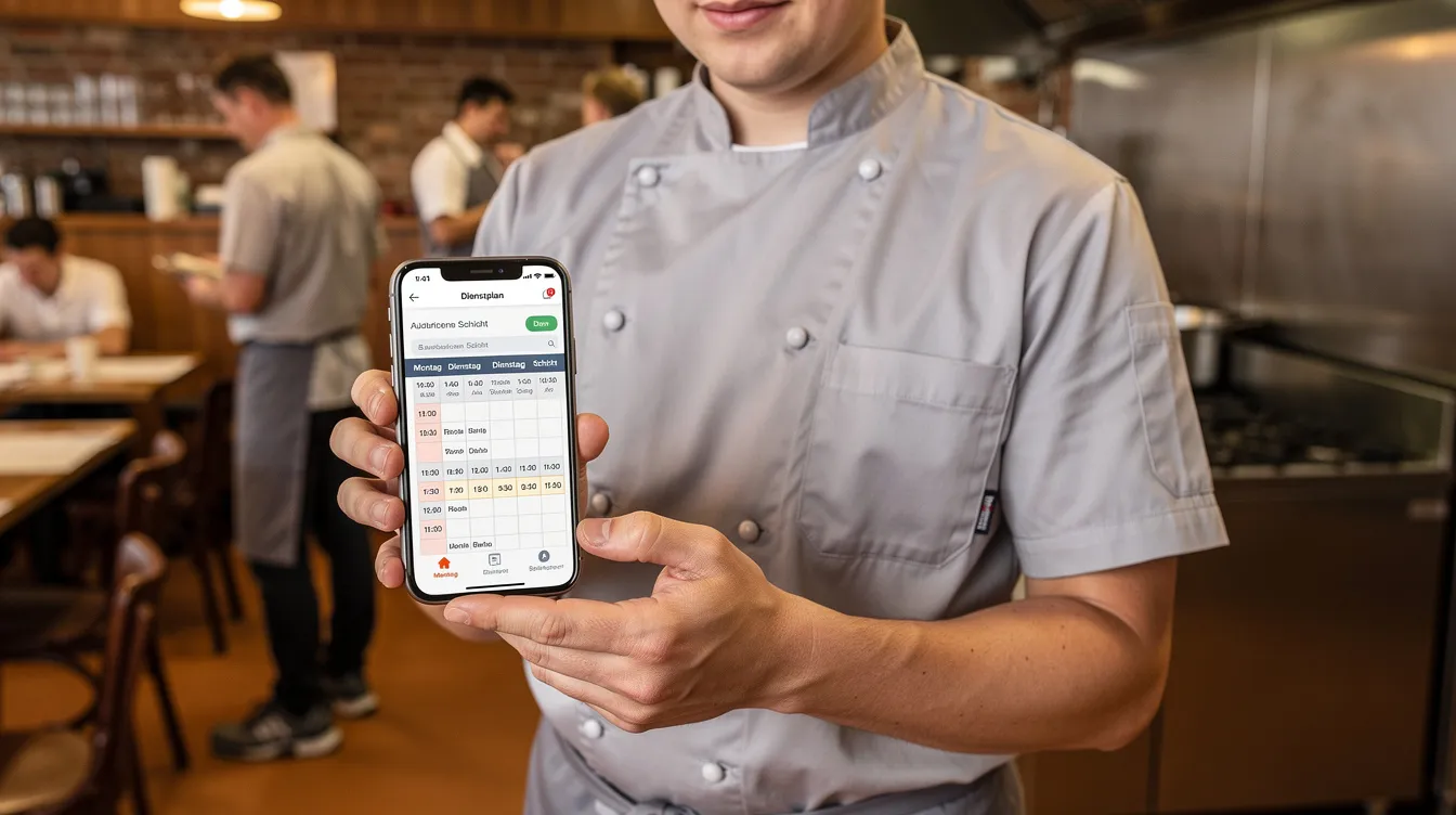 Eine Person in Arbeitskleidung hält ein Smartphone in der Hand und betrachtet einen digitalen Dienstplan in einer Gastronomie-Umgebung. Das Bild zeigt die Nutzung einer App zur Dienstplanung, die es dem Team ermöglicht, Schichten und Abwesenheiten effizient zu verwalten.
