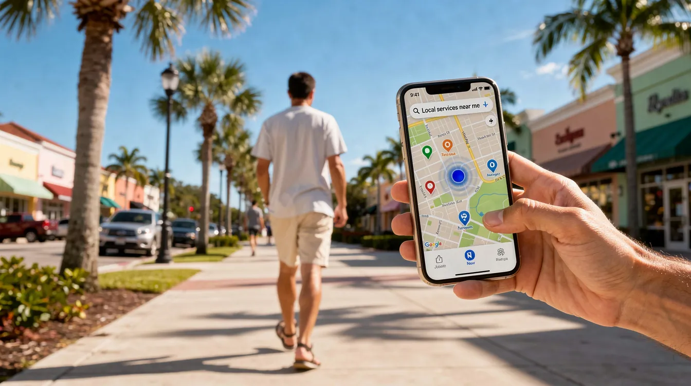 A person is walking along a sunny sidewalk in Florida, using a smartphone to access a map application and search for local services. This scene highlights the importance of local SEO strategies and online visibility for businesses in Orlando, as they aim to attract more local customers through effective digital marketing services.