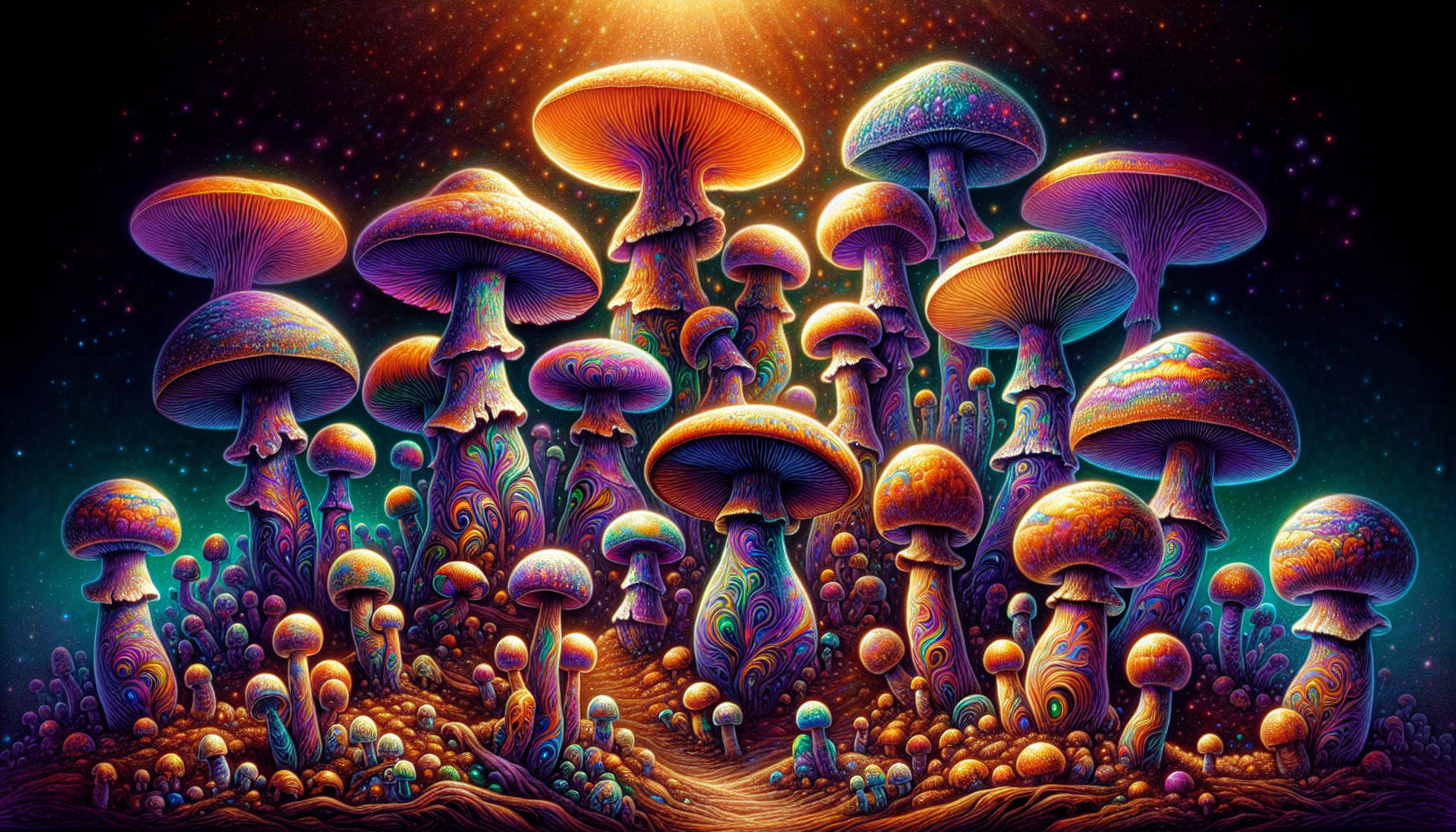 An illustration of the fruiting stage of magic mushrooms, showcasing healthy fruiting bodies.