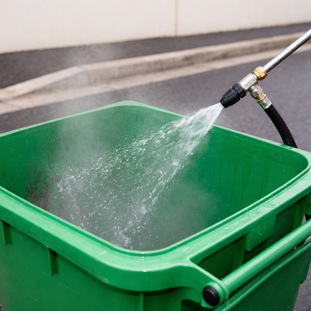 High-pressure hot water cleaning and sanitizing the inside of a green organic waste bin.