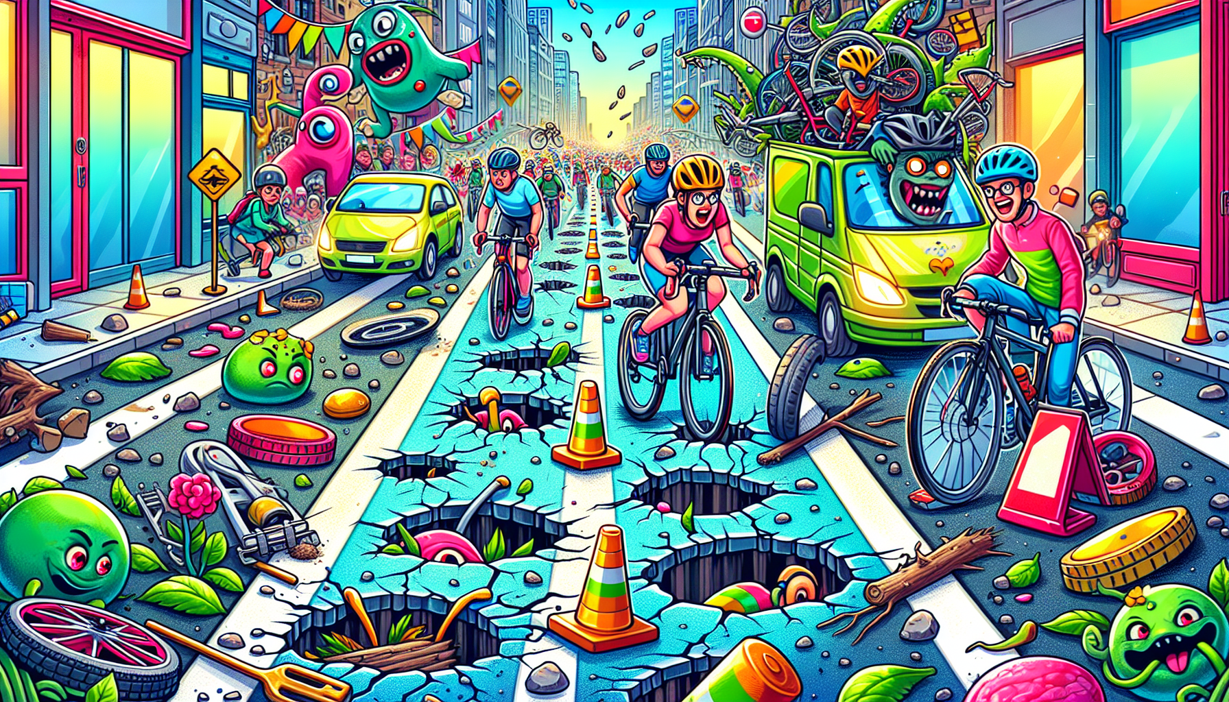 Illustration showing common road hazards for cyclists, highlighting the most common dangers of cycling on the road.