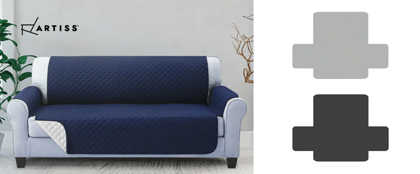 Three Artiss removable couch protectors in blue, black and white.