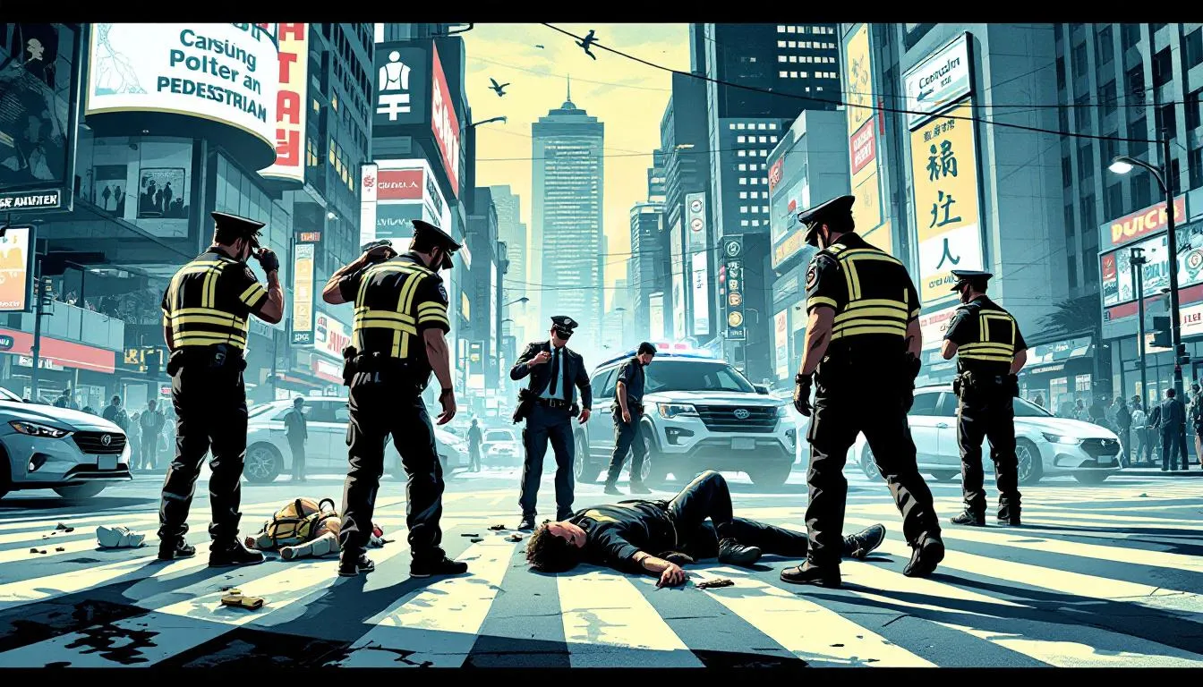 A pedestrian accident scene with emergency services present.
