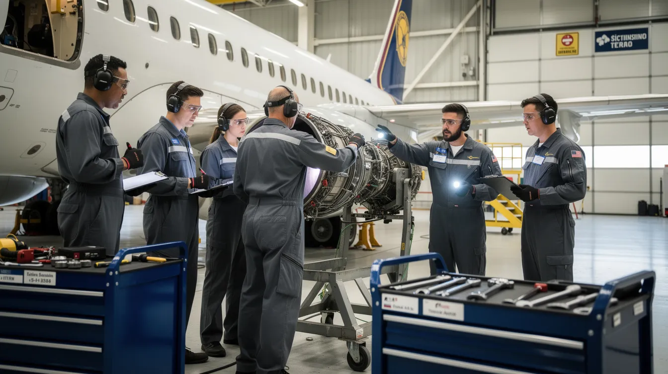 A group of students is engaged in practical aircraft maintenance training under the guidance of an instructor in a spacious hangar. This hands-on experience is part of their EASA Part 147 approved course, aimed at meeting aviation maintenance standards and requirements.