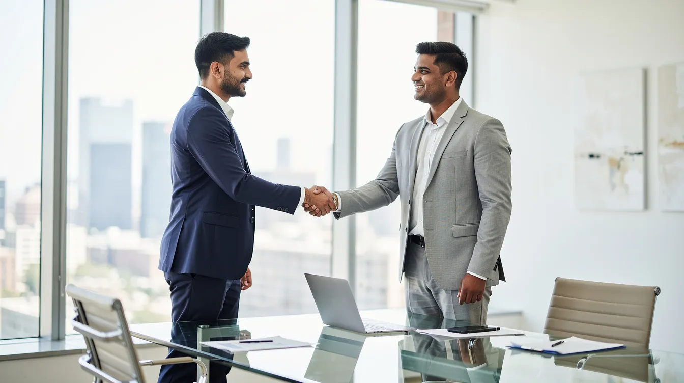 ec660297 3e50 4ca0 99ea e70cbb48593d The image depicts a young Indian entrepreneur engaging in a professional handshake with a client in a modern office environment, symbolizing strong client relationships essential for a successful service business. This interaction highlights the importance of customer satisfaction and business consulting in the service industry.