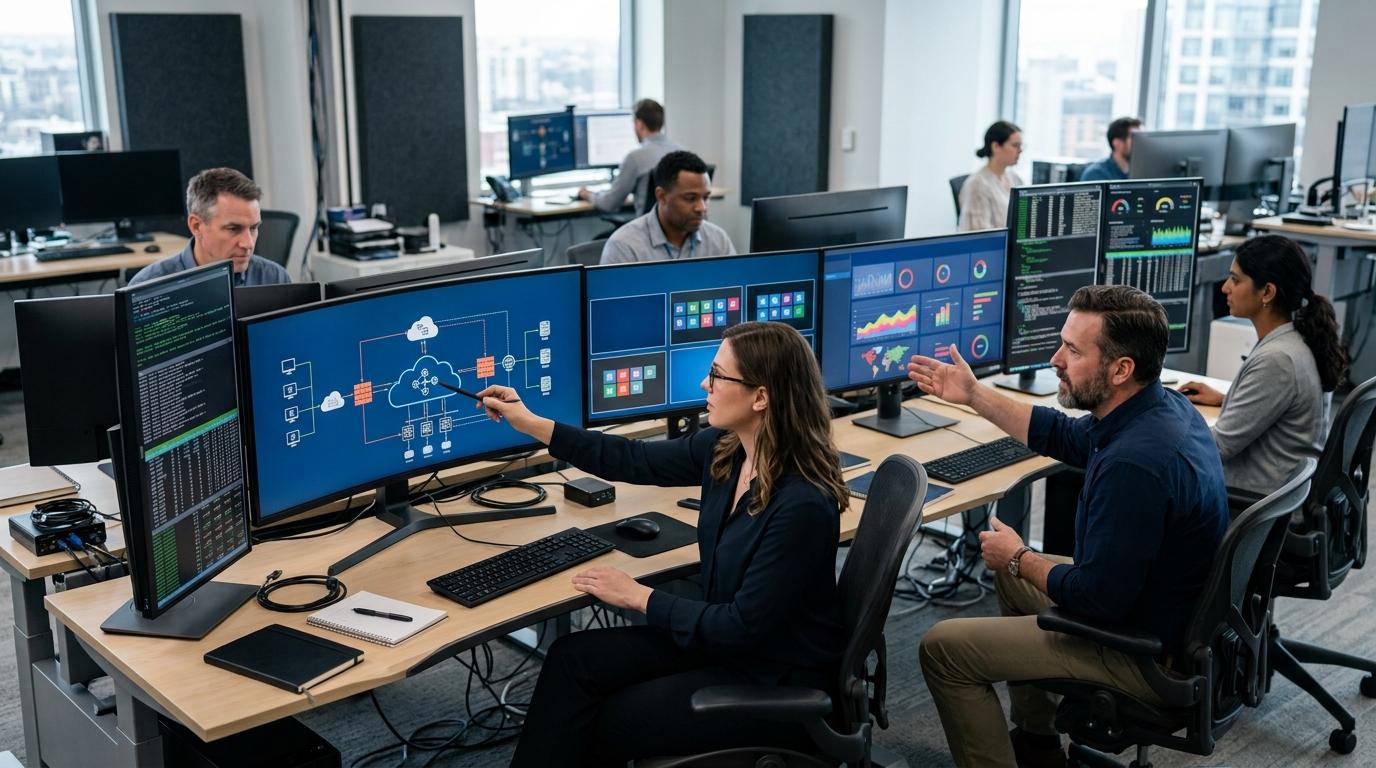 IT professionals evaluating cloud-based virtual lab platforms using multiple monitors displaying secure cloud infrastructure, analytics dashboards, and virtual desktop environments