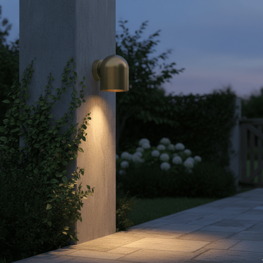 Minimal industrial exterior wall light directing soft downlighting onto a walkway.