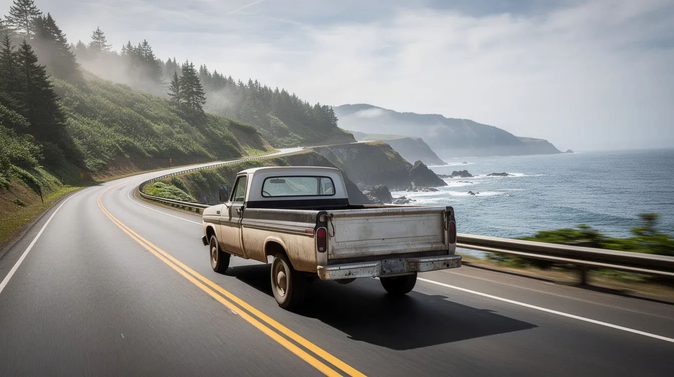 A pickup truck is driving along a scenic Oregon coastal highway, flanked by lush, forested hills in the background. This picturesque setting highlights the natural beauty of Oregon, a state known for its outdoor activities and gun safety laws.