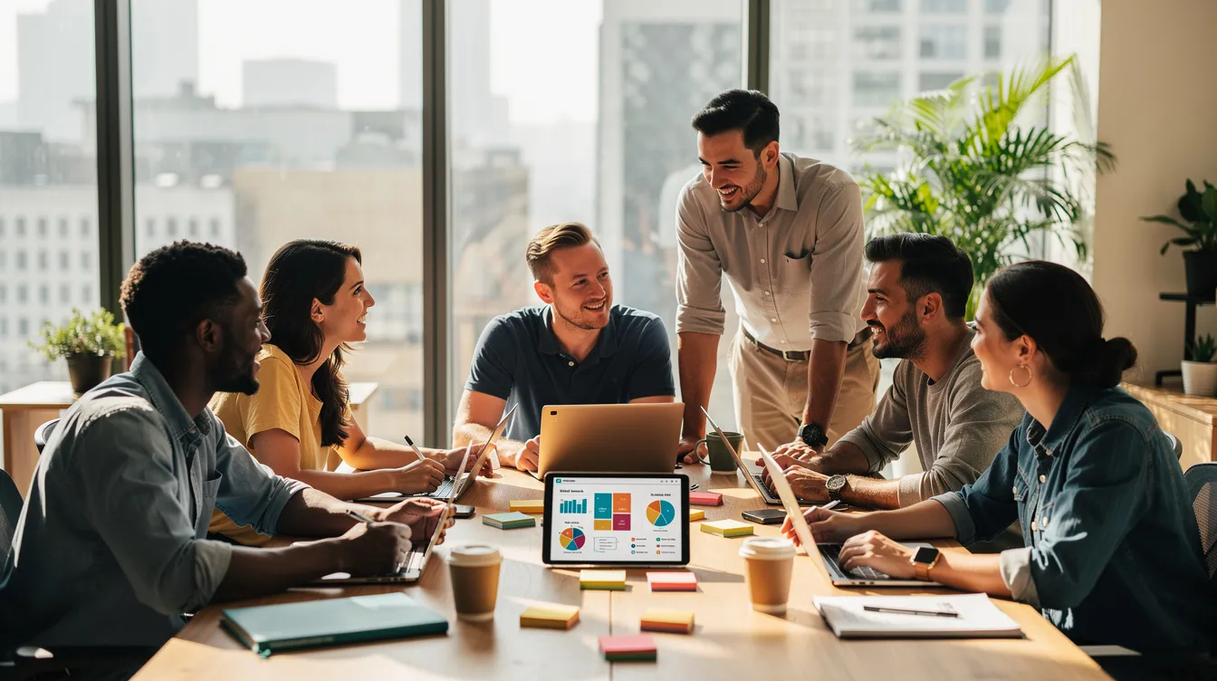 L'image montre une équipe diverse, composée de personnes de différentes origines, collaborant autour d'une table dans un espace de coworking lumineux. Cette scène illustre la posture de manager coach, favorisant le travail d'équipe et l'autonomie des collaborateurs dans un environnement propice au bien-être et à la créativité.